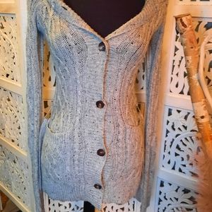 Cardigan sweater with belt and hood